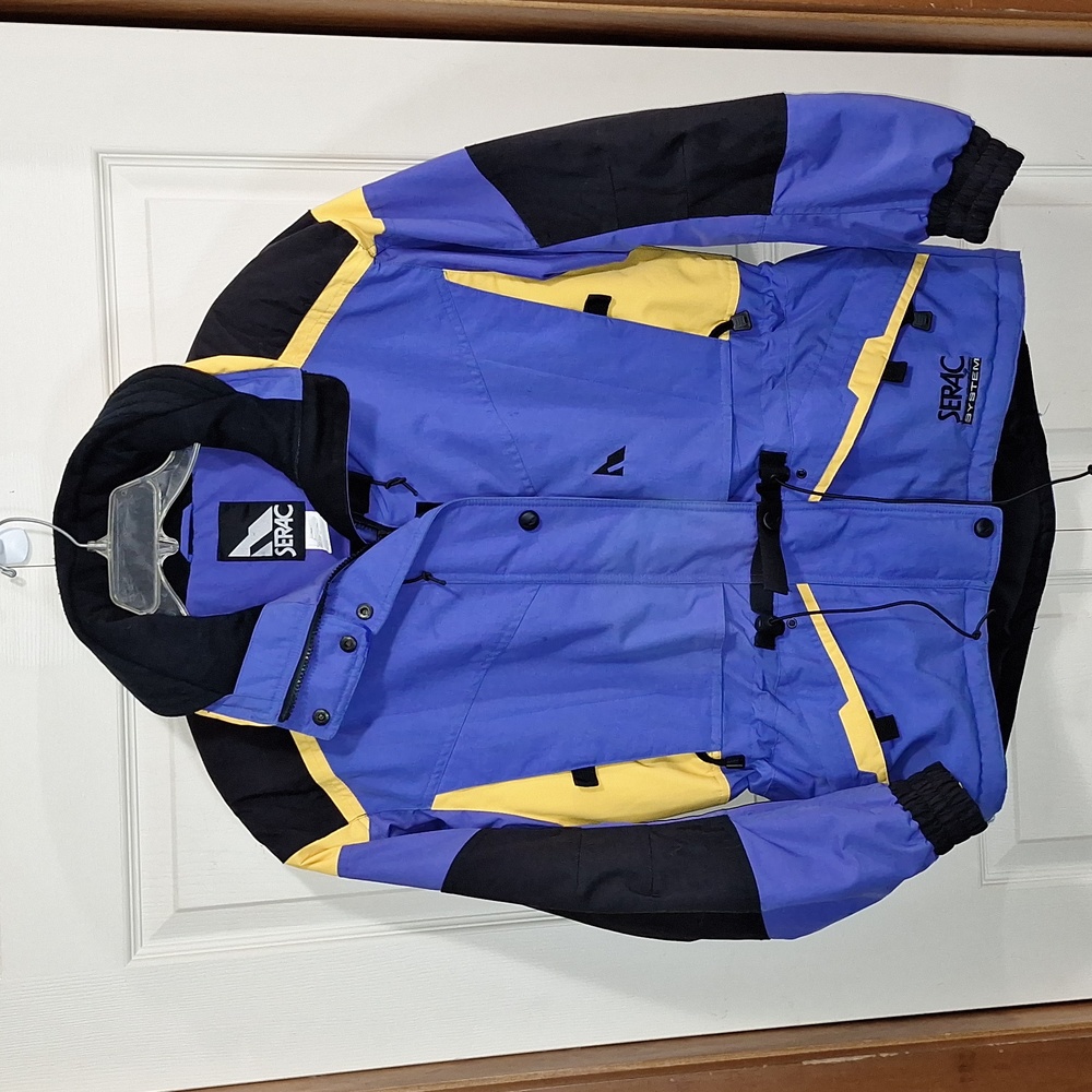 SERAC hooded winter snow ski coat - M - nylon blue yellow black